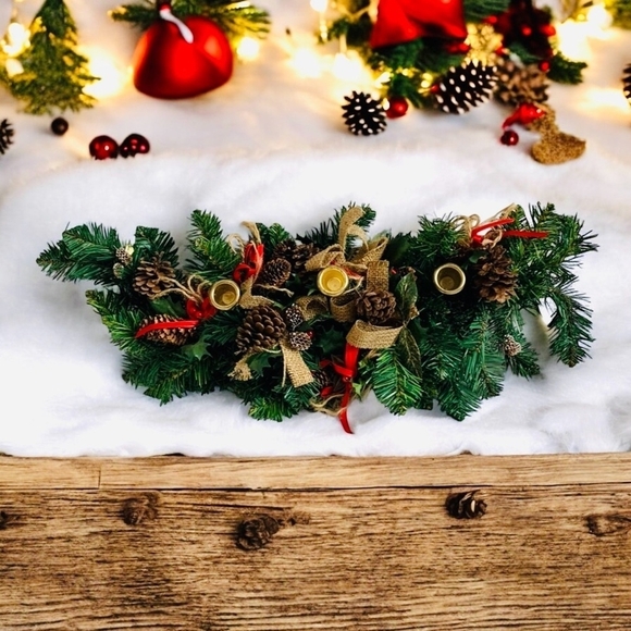 VNTG Christmas Pine Berries Tabletop Garland Xmas Table Centerpiece Candleholder - Picture 1 of 6